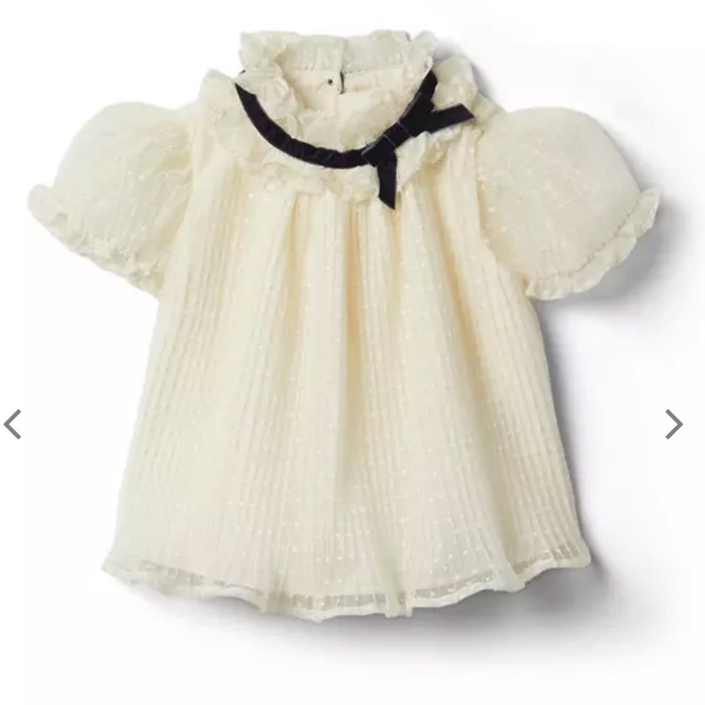 Janie and Jack Cream Puff Sleeve Swiss Dot Top with Black Ribbon